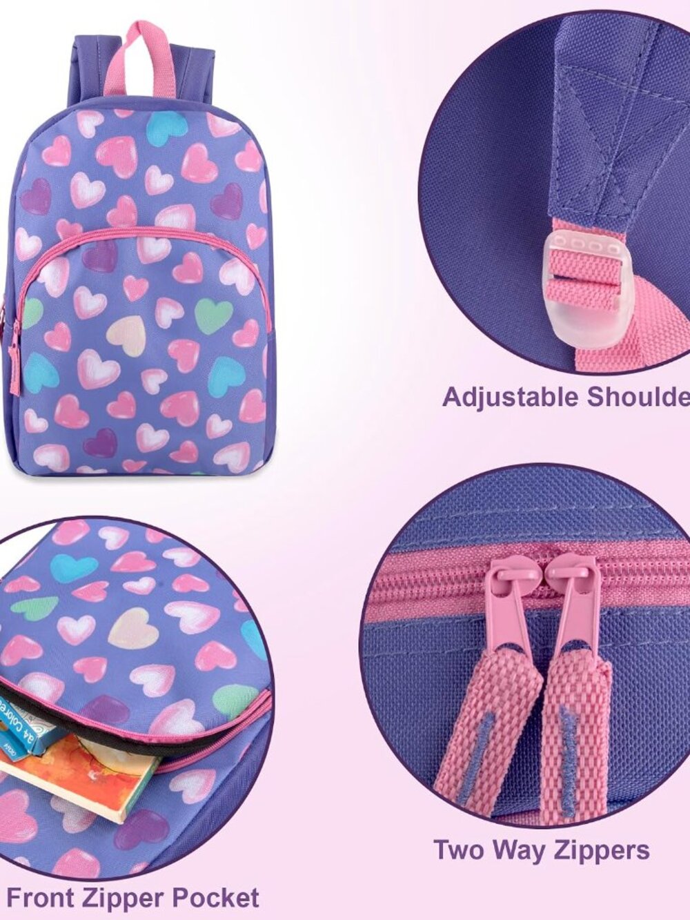 15" Pastel Hearts Backpack Kids School Book Bag Front Pocket Adjustable Straps - Picture 2 of 6